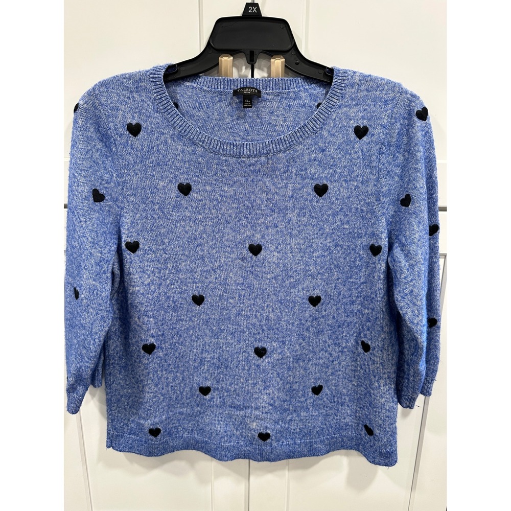 Talbots Petite Sweater XLP Black Heart Print Crew Neck Blue Knit Cotton Blend